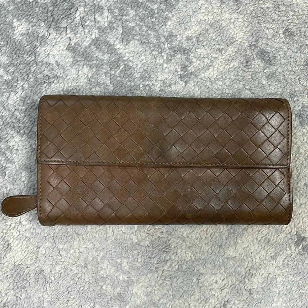 Bottega Veneta Nappa Intrecciato Continental Flap Wallet Woven Leather Brown